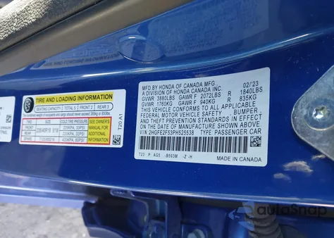 2023 Honda Civic Sport from USA, damaged, VIN 2HGFE2F53PH525538